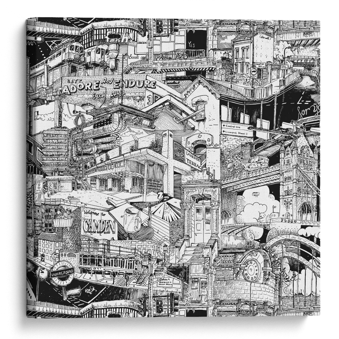 Hand-drawn black-and-white London canvas capturing iconic landmarks like the Barbican Centre and Camden, perfect for street art and cityscape enthusiasts.
