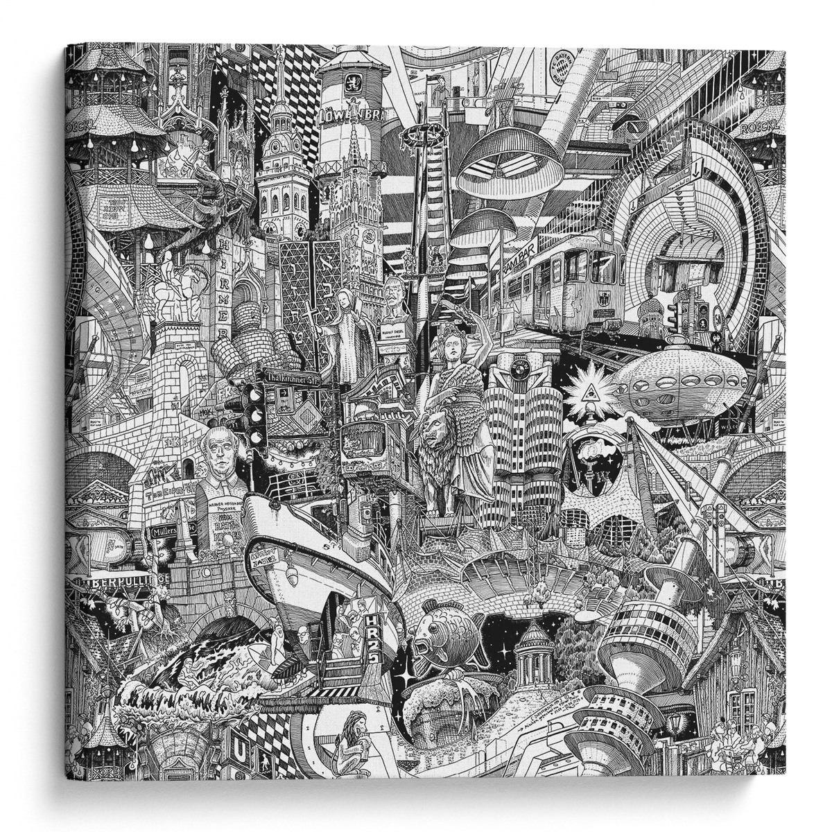 Handgezeichneter Muenchen-Canvas — dichte schwarz-weisse Stadt-Collage mit Rathaus, Frauenkirche, LOeWENBRAeU-Turm, BMW-Hochhaus, Olympiapark, Eisbachwelle, U-Bahn Westfriedhof und bayerischen Motiven von Heiner Radau.