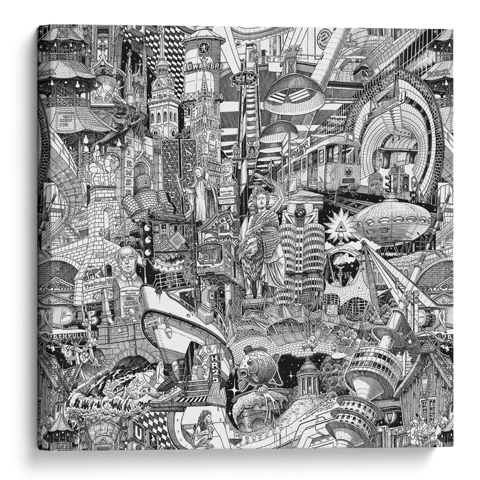 Handgezeichneter Muenchen-Canvas — dichte schwarz-weisse Stadt-Collage mit Rathaus, Frauenkirche, LOeWENBRAeU-Turm, BMW-Hochhaus, Olympiapark, Eisbachwelle, U-Bahn Westfriedhof und bayerischen Motiven von Heiner Radau.
