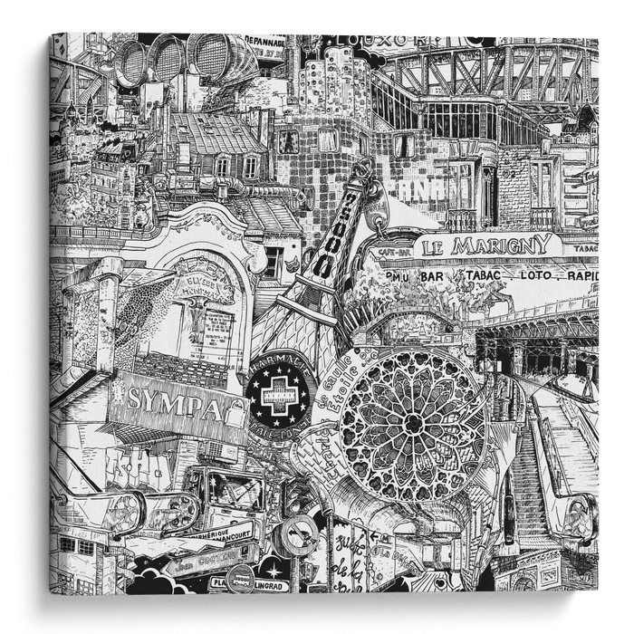 Toile de Paris en noir et blanc dessiné à la main, mélangeant des icônes comme la Tour Eiffel, le Sacré-Cœur et des scènes urbaines authentiques, parfait pour un intérieur moderne.