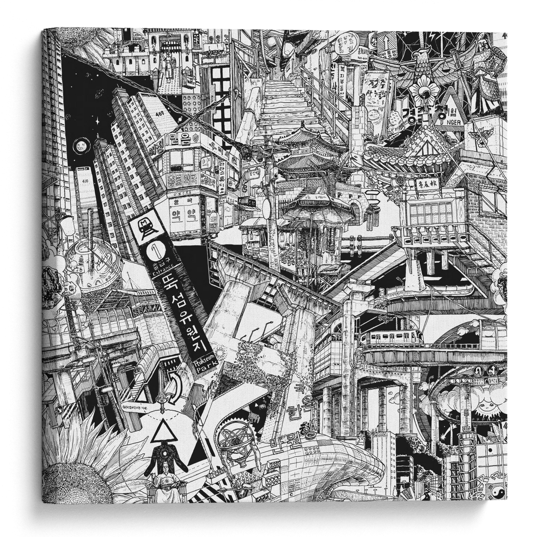 Seoul canvas artwork, a hand-drawn black-and-white cityscape featuring Dongdaemun Design Plaza, King Sejong statue, Hangul lettering and vibrant Korean street scenes.