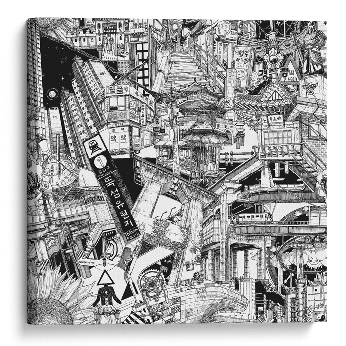 Seoul canvas artwork, a hand-drawn black-and-white cityscape featuring Dongdaemun Design Plaza, King Sejong statue, Hangul lettering and vibrant Korean street scenes.