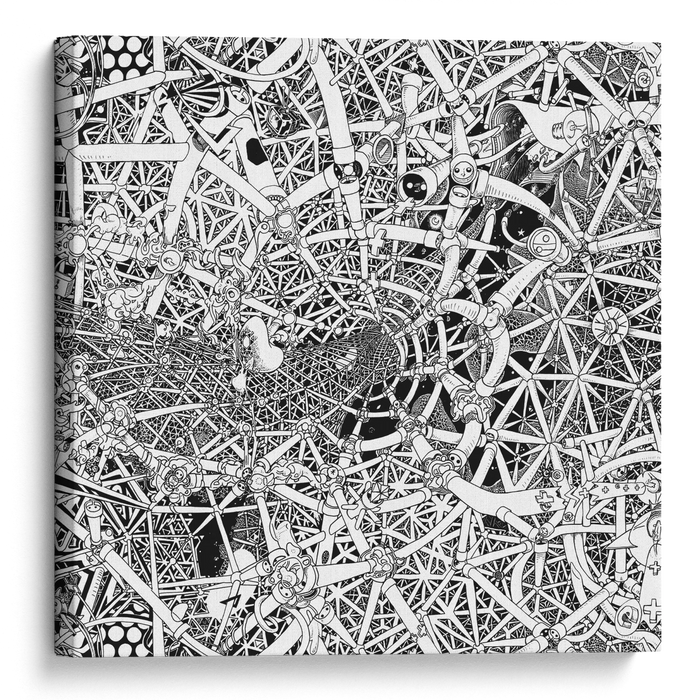 Universe canvas artwork, a hand-drawn black-and-white cosmic composition blending celestial elements, stars, planets and abstract cosmic energy in detailed ink linework.