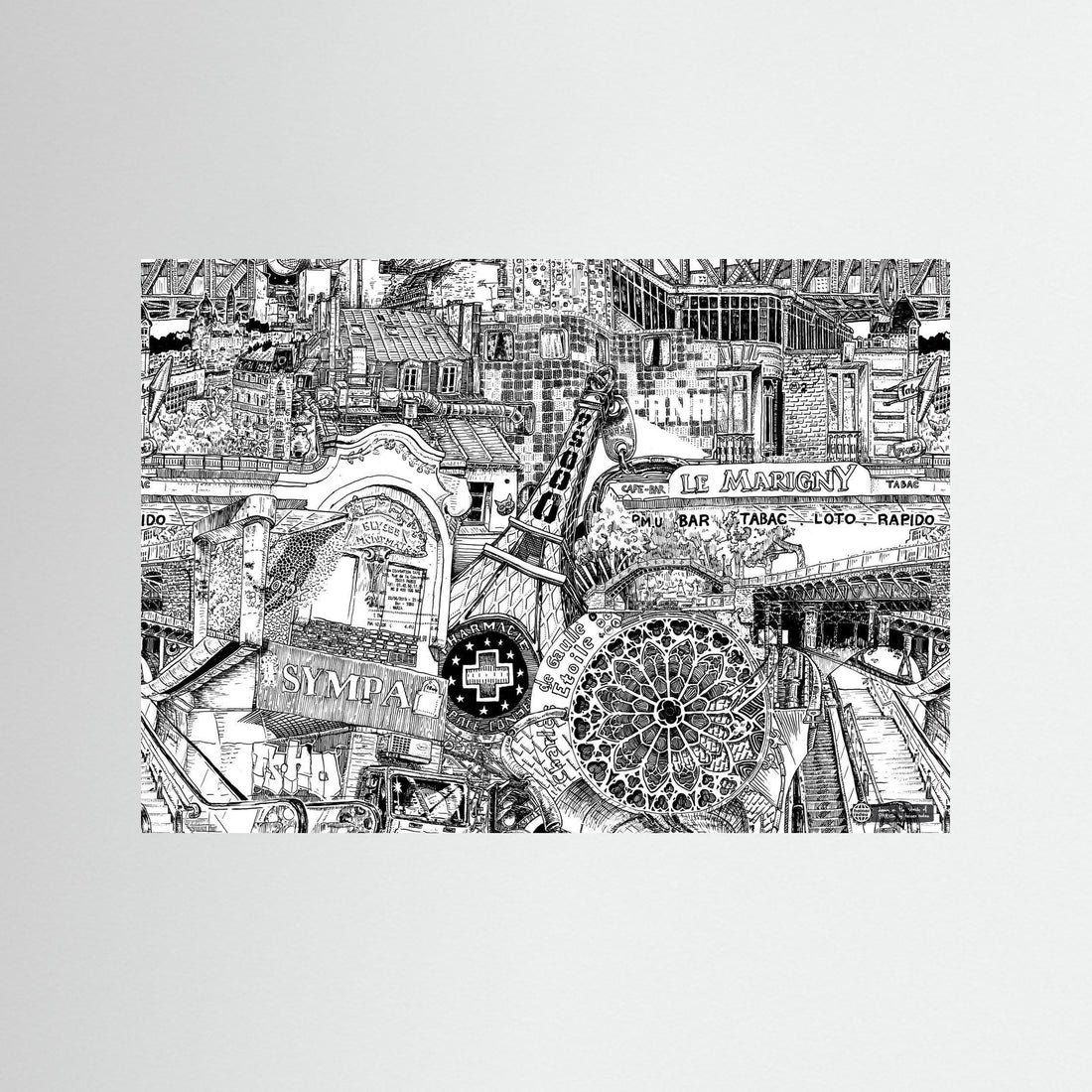 Hand-drawn black and white Paris fine art print featuring a detailed collage of Sacré-Cœur, Haussmann rooftops, Notre-Dame rose window and Paris street scenes.