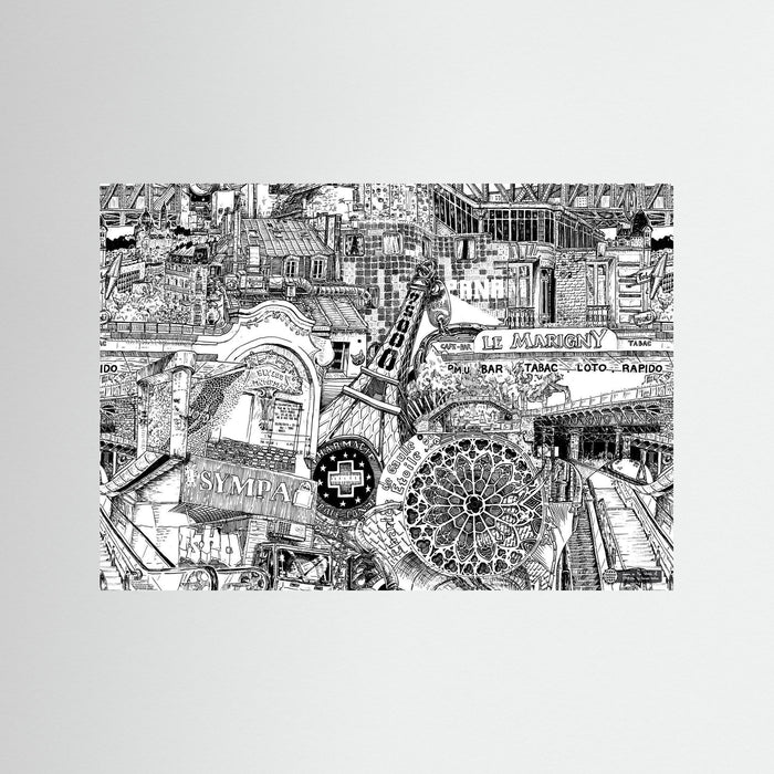 Hand-drawn black and white Paris fine art print featuring a detailed collage of Sacré-Cœur, Haussmann rooftops, Notre-Dame rose window and Paris street scenes.