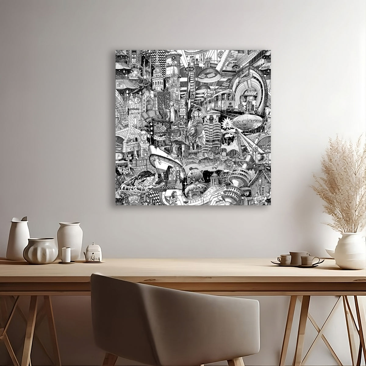 Muenchen-Canvas ueber einem Holzschreibtisch mit Keramik-Deko — handgezeichnete schwarz-weisse Stadtkunst fuer modernes Home-Office und kreative Arbeitsbereiche.