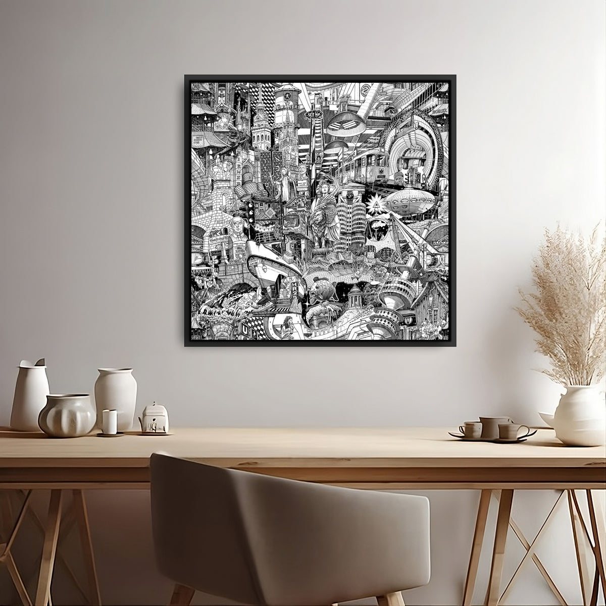 Schwarz gerahmter Muenchen-Canvas ueber einem Holzschreibtisch — handgezeichnete schwarz-weisse Stadtkunst fuer Home-Office und moderne Arbeitsbereiche.