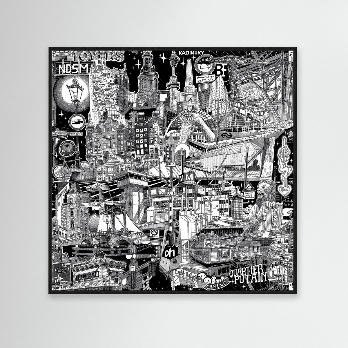 Framed in black, this detailed Amsterdam artwork in black-and-white captures the city’s lively energy, hand-drawn straight from the streets.