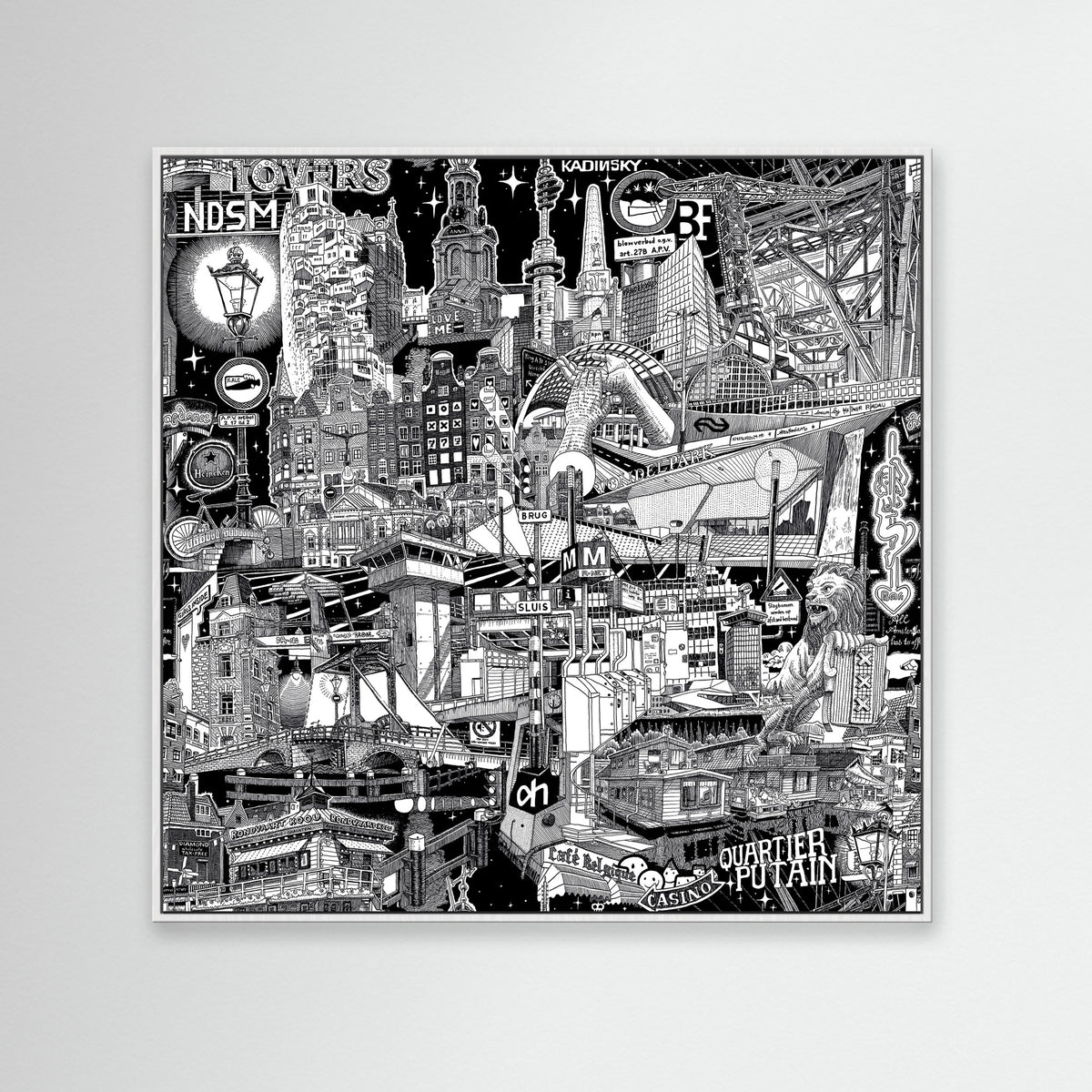 A minimalist black-and-white Amsterdam city portrait, drawn live in the streets, framed with white for a fresh, modern look