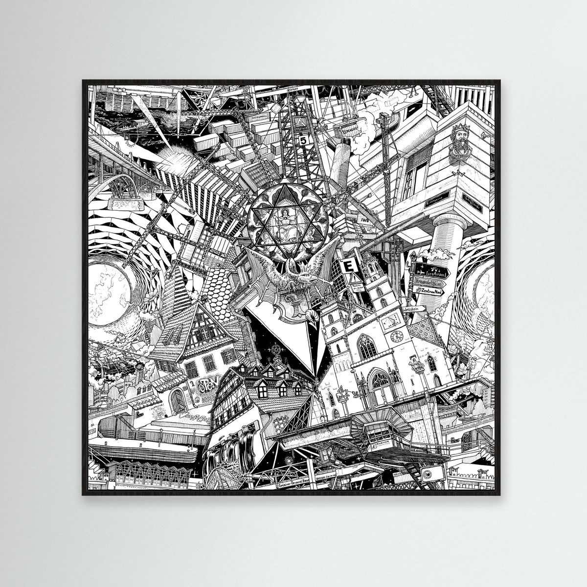 A bold framed Basel cityscape in black-and-white, showcasing the Minster, Basel skyline, and historic architecture, perfect for tourists.