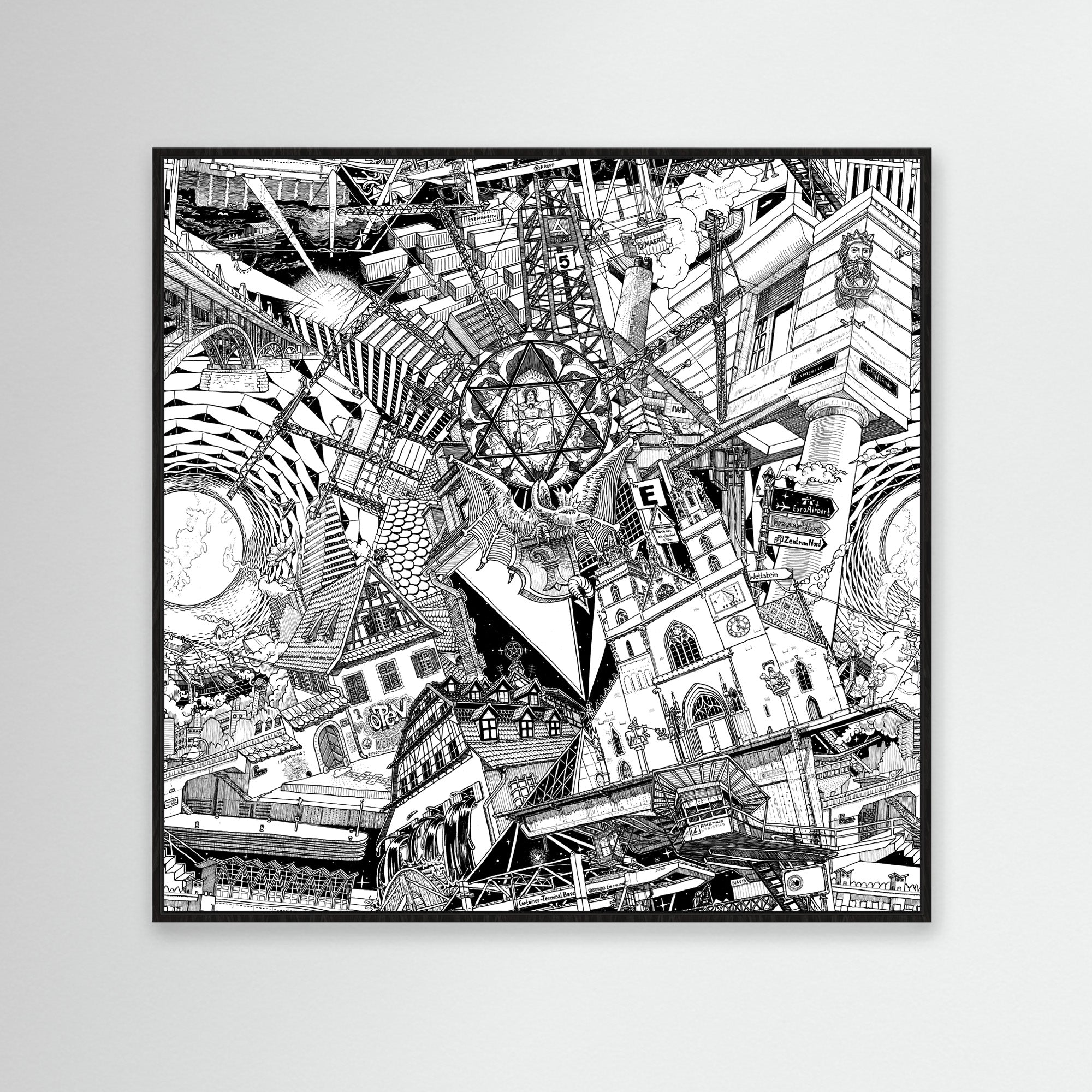 A bold framed Basel cityscape in black-and-white, showcasing the Minster, Basel skyline, and historic architecture, perfect for tourists.