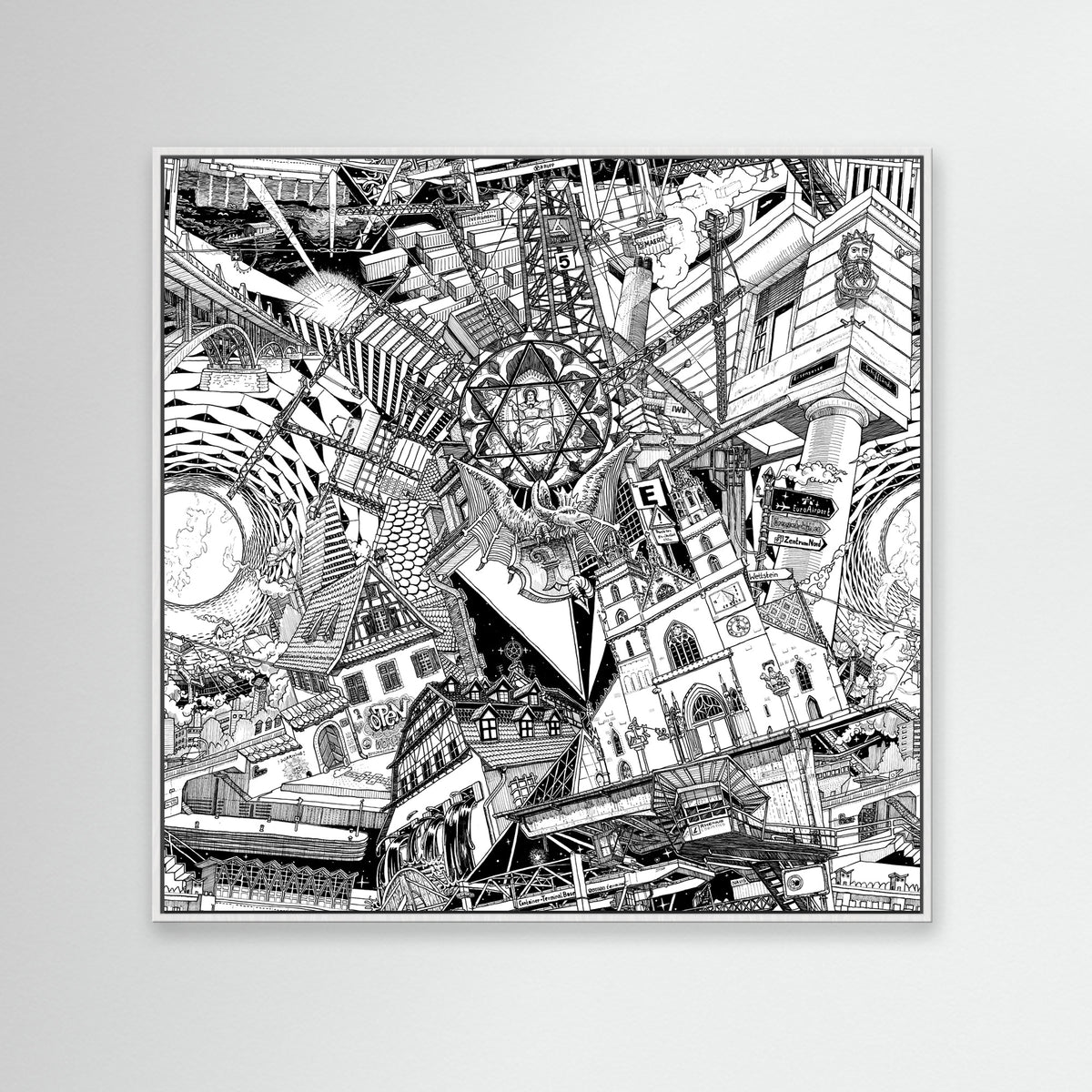 A stylish Basel skyline in black-and-white, framed in white, highlighting landmarks like the Lällekönig and the Minster, great for city decor.