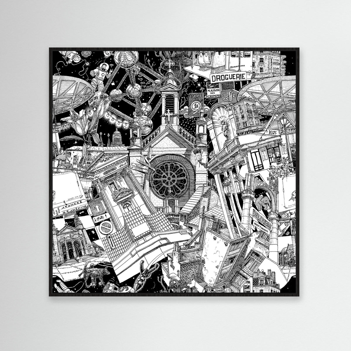 Framed black-and-white Brussels artwork showcasing the Atomium, Manneken Pis, and Belgian beer culture, ideal for modern spaces.
