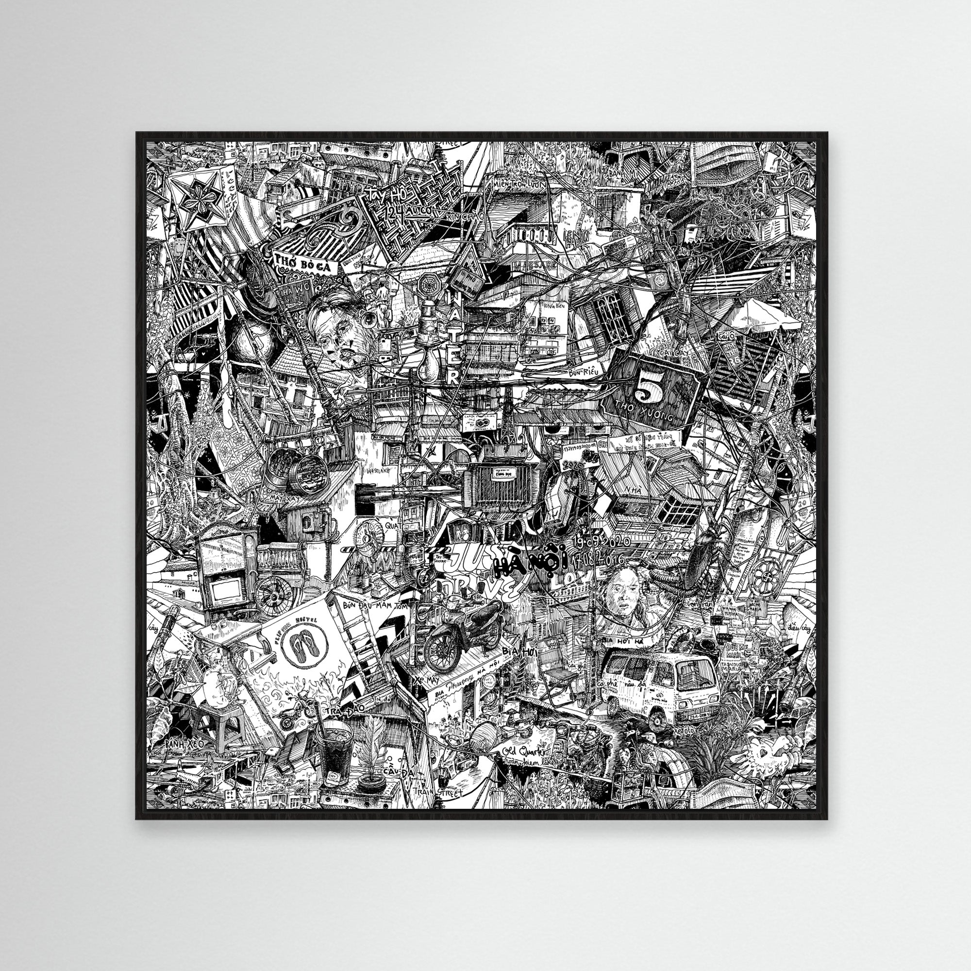 Large black-and-white Hanoi canvas art, filled with urban details like dieu cay, , pho bo, motorbikes, and iconic street food for an authentic city vibe.