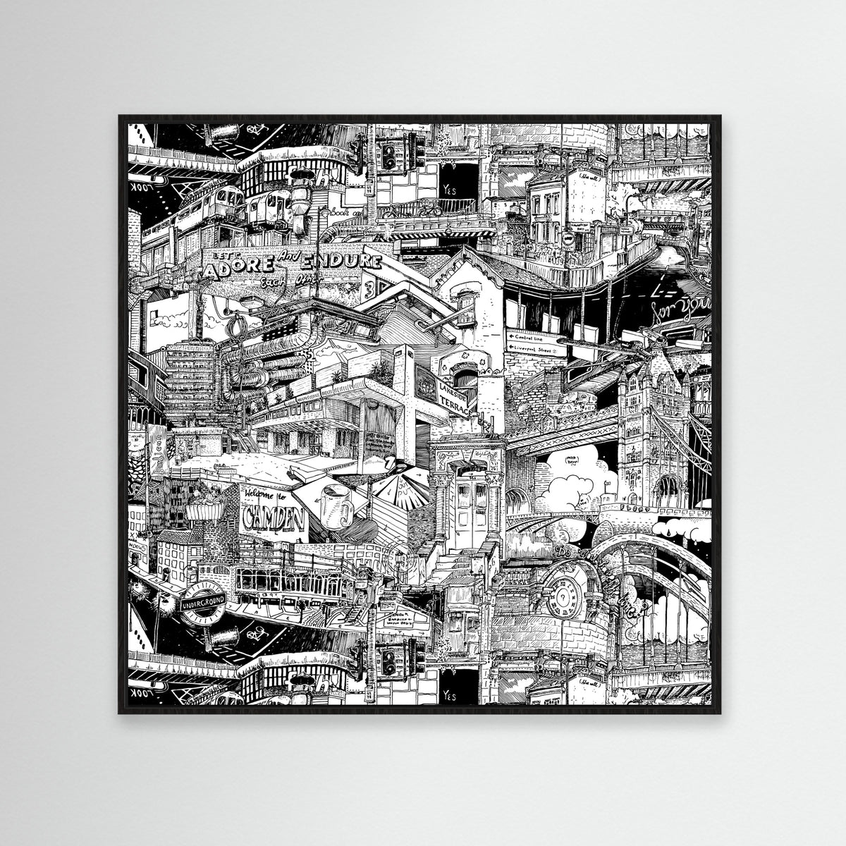 80 cm London canvas in a black frame, a hand-drawn black-and-white cityscape capturing the Barbican, Camden Lock, Brick Lane and iconic London streets.