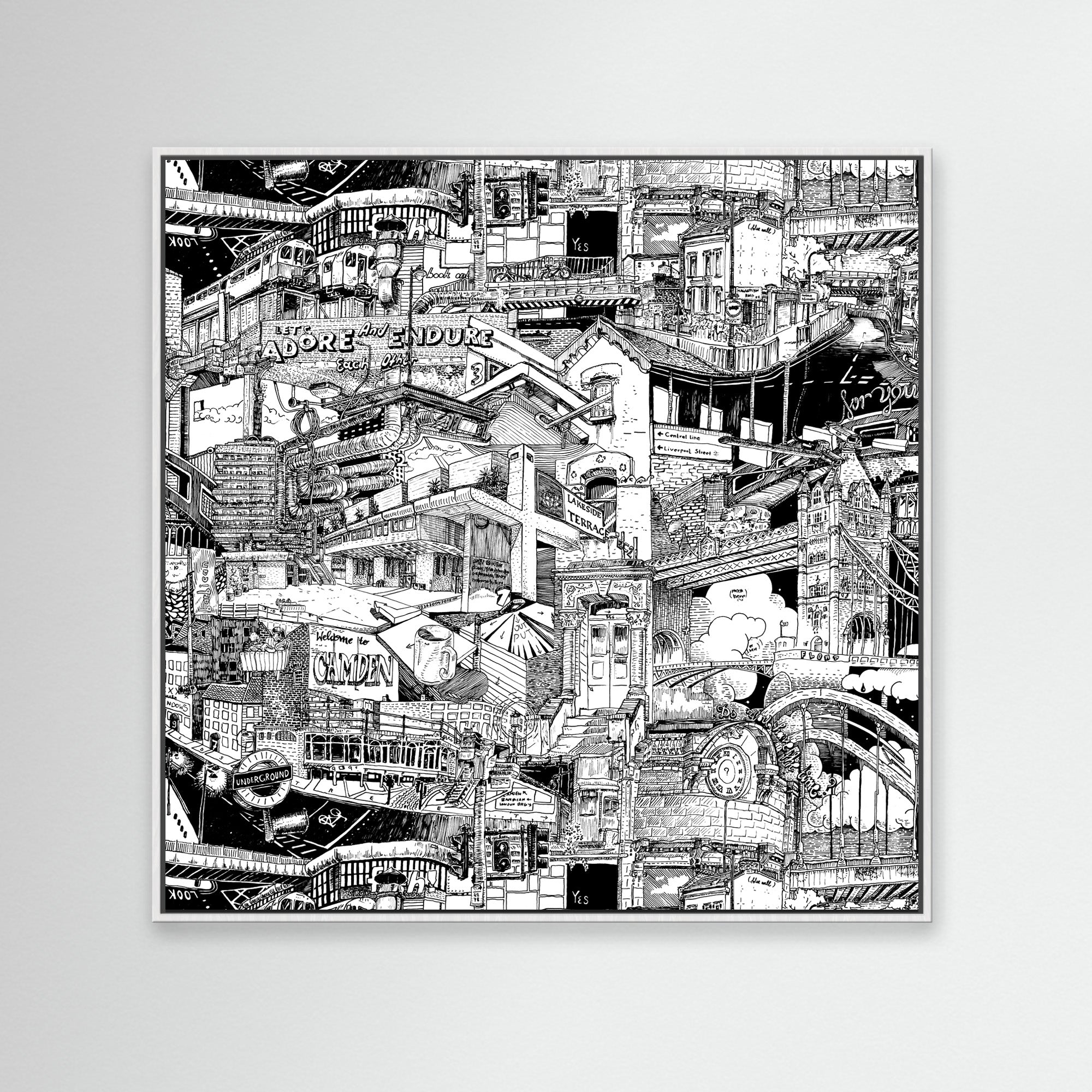White-framed London canvas featuring hand-drawn cityscapes and street art influences, capturing the energy of the London skyline.