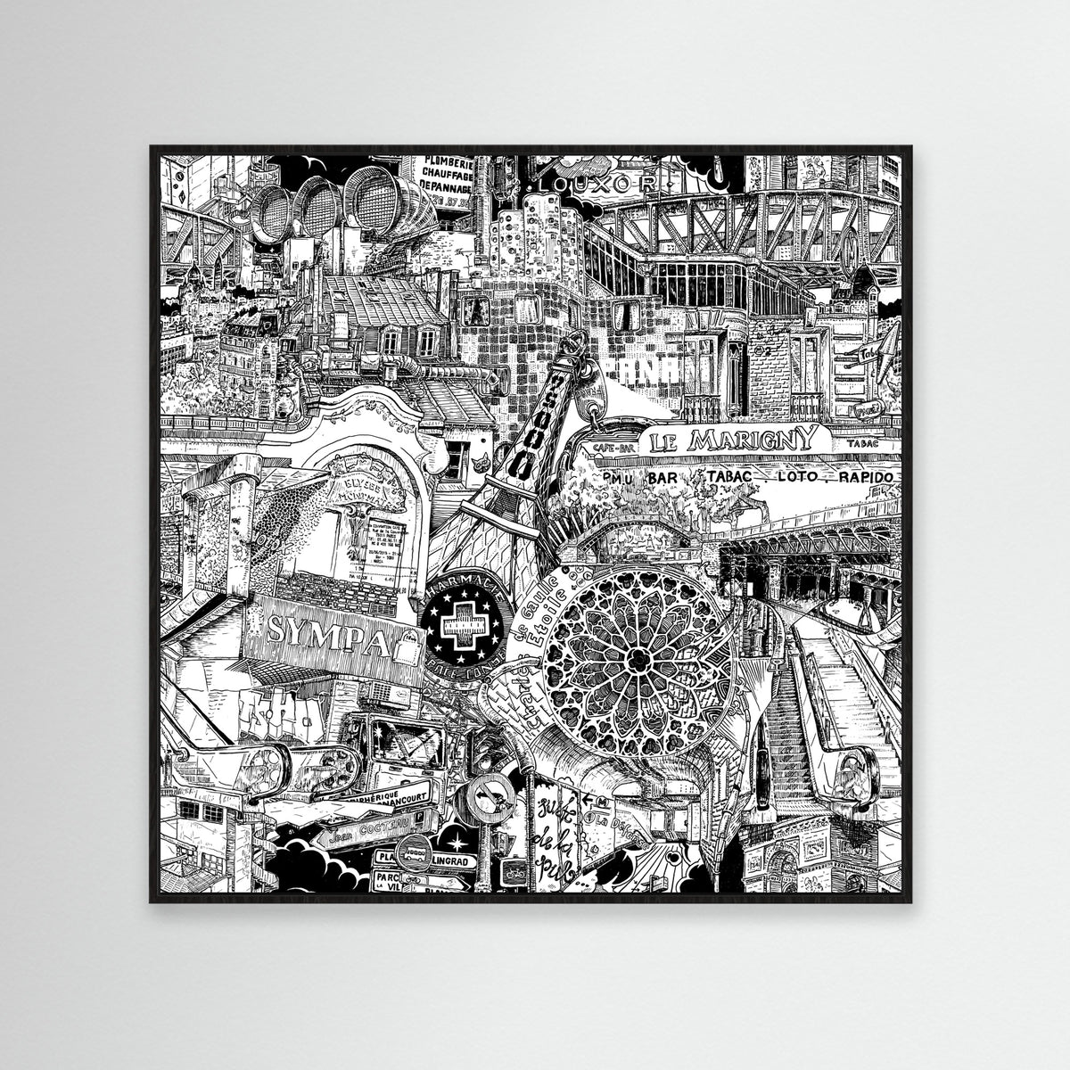 Black framed Paris canvas print showing a detailed hand-drawn city collage with Arc de Triomphe, Sacré-Cœur, Métro signs and Haussmann street architecture.