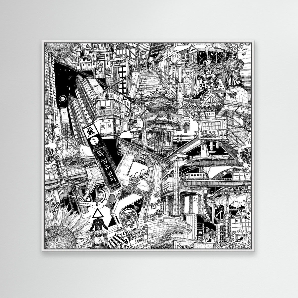 White-framed Seoul canvas capturing vibrant street art details and local cityscapes with a modern Korean capital vibe.
