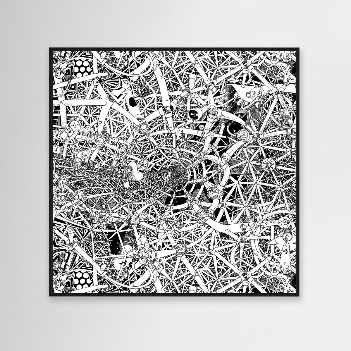 80 cm Universe canvas in a black frame, a hand-drawn black-and-white cosmic composition with stars, celestial patterns and abstract space-inspired ink artwork.