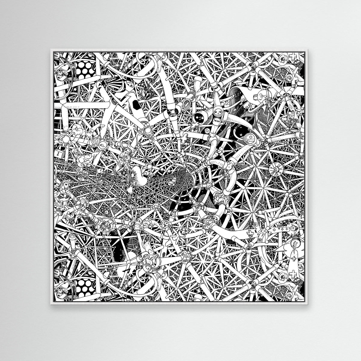 80 cm Universe canvas in a white frame, a hand-drawn black-and-white cosmic artwork with celestial elements and abstract space-inspired ink drawings.