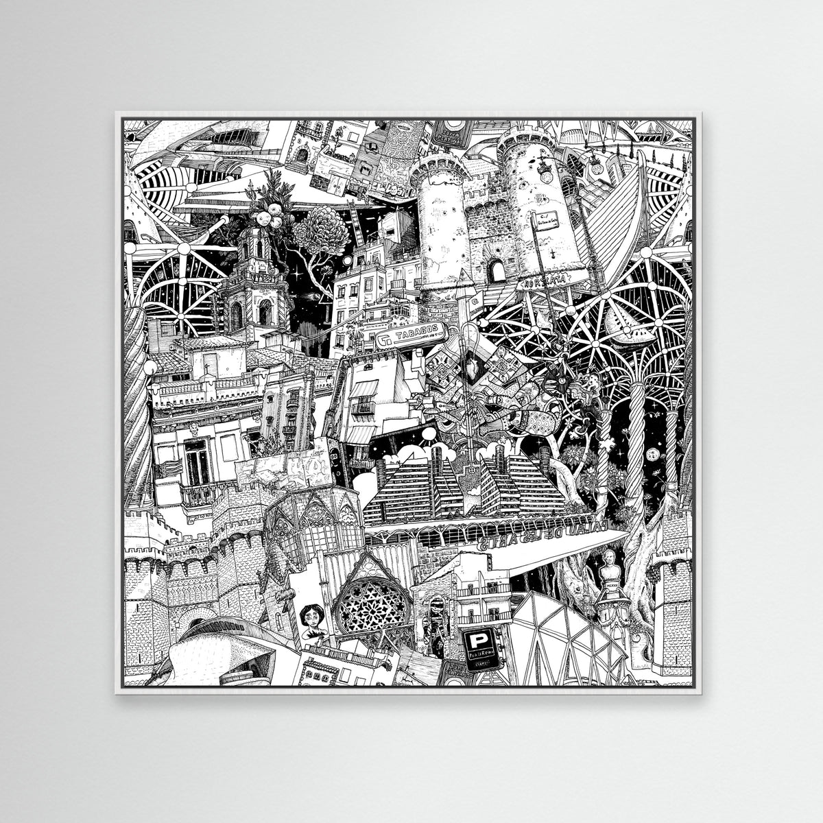 White-framed Valencia canvas, blending detailed street art, urban graffiti, and the City of Arts in a modern fine art style.