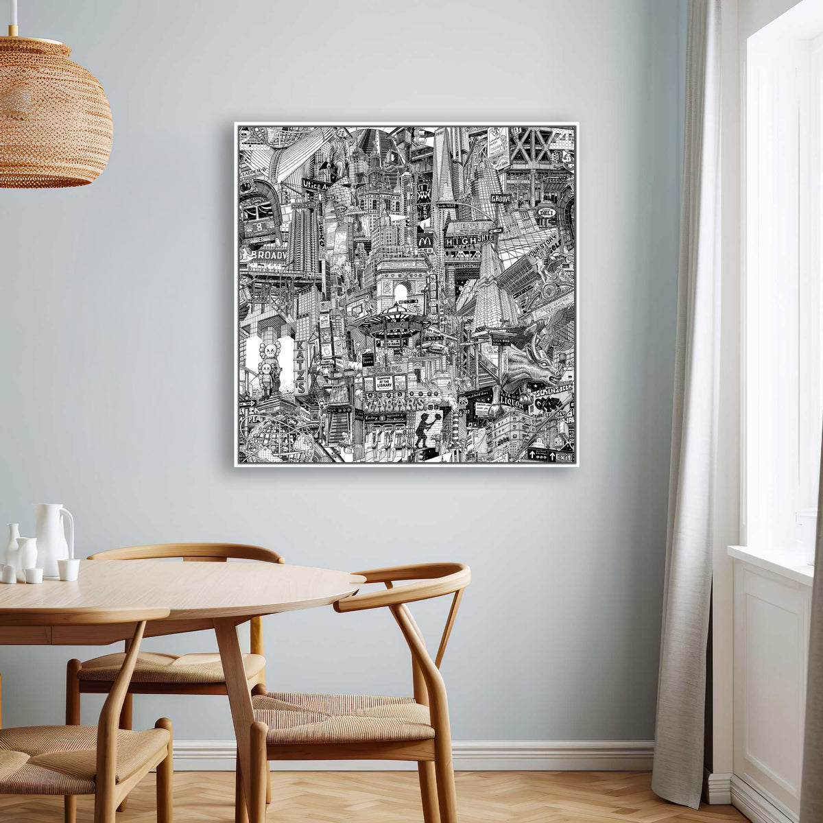 NYC canvas print above a dining table, black and white New York wall art for a modern urban interior.