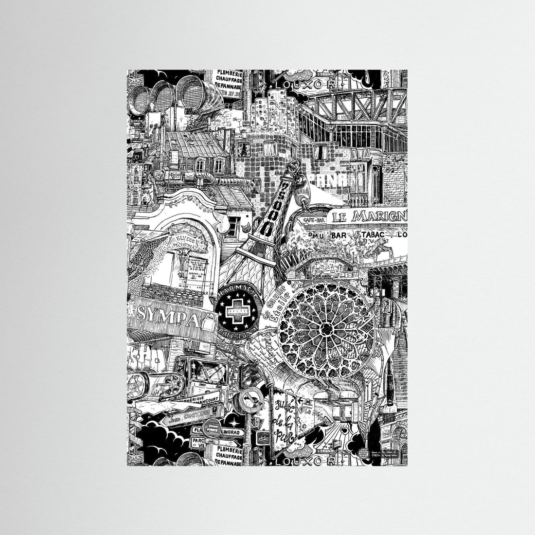 Hand-drawn vertical Paris fine art print with dense black ink collage of La Défense, Pont de Stalingrad, Métro signs and Haussmann urban architecture.