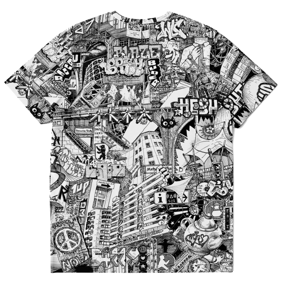 Back of Berlin all over print T-shirt showing black and white city illustration pattern