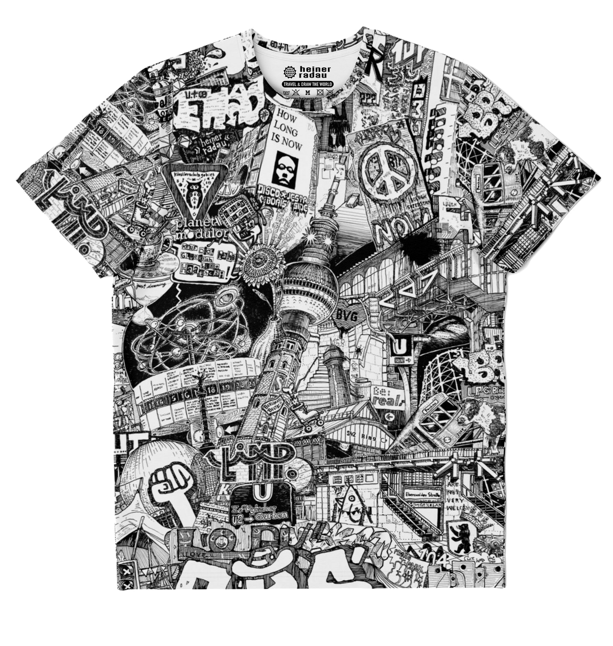 Front of black and white Berlin all over print T-shirt with illustrated city graphics