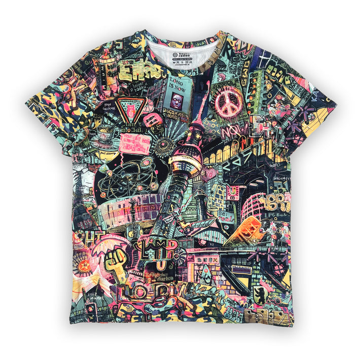 Berlin all over print T-shirt front close-up with colorful city collage design