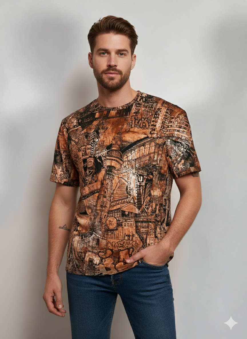 Front view of Berlin Handmade T-Shirt OXIDE with hand-drawn Berlin artwork print