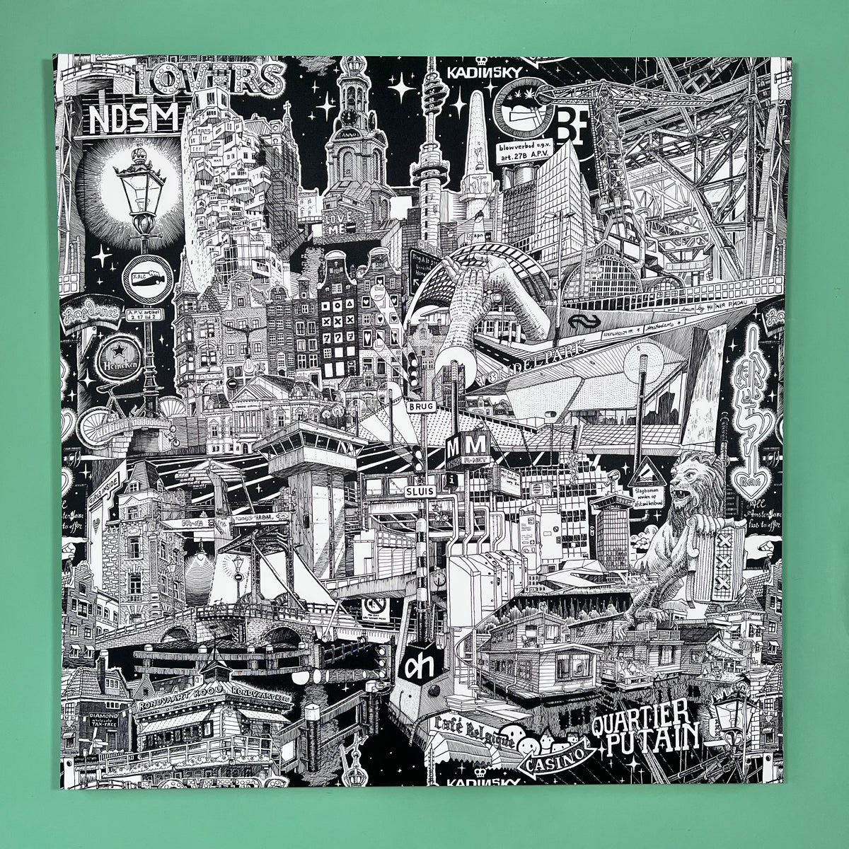 Amsterdam original ink drawing detail showing dense black-and-white linework of canals, gabled houses and urban street life.
