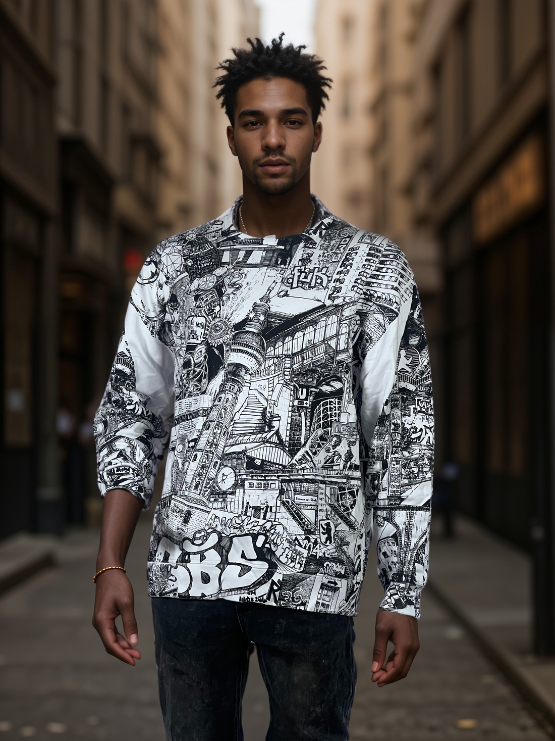 Front view of Berlin Handmade Sweatshirt with hand-drawn Berlin artwork print