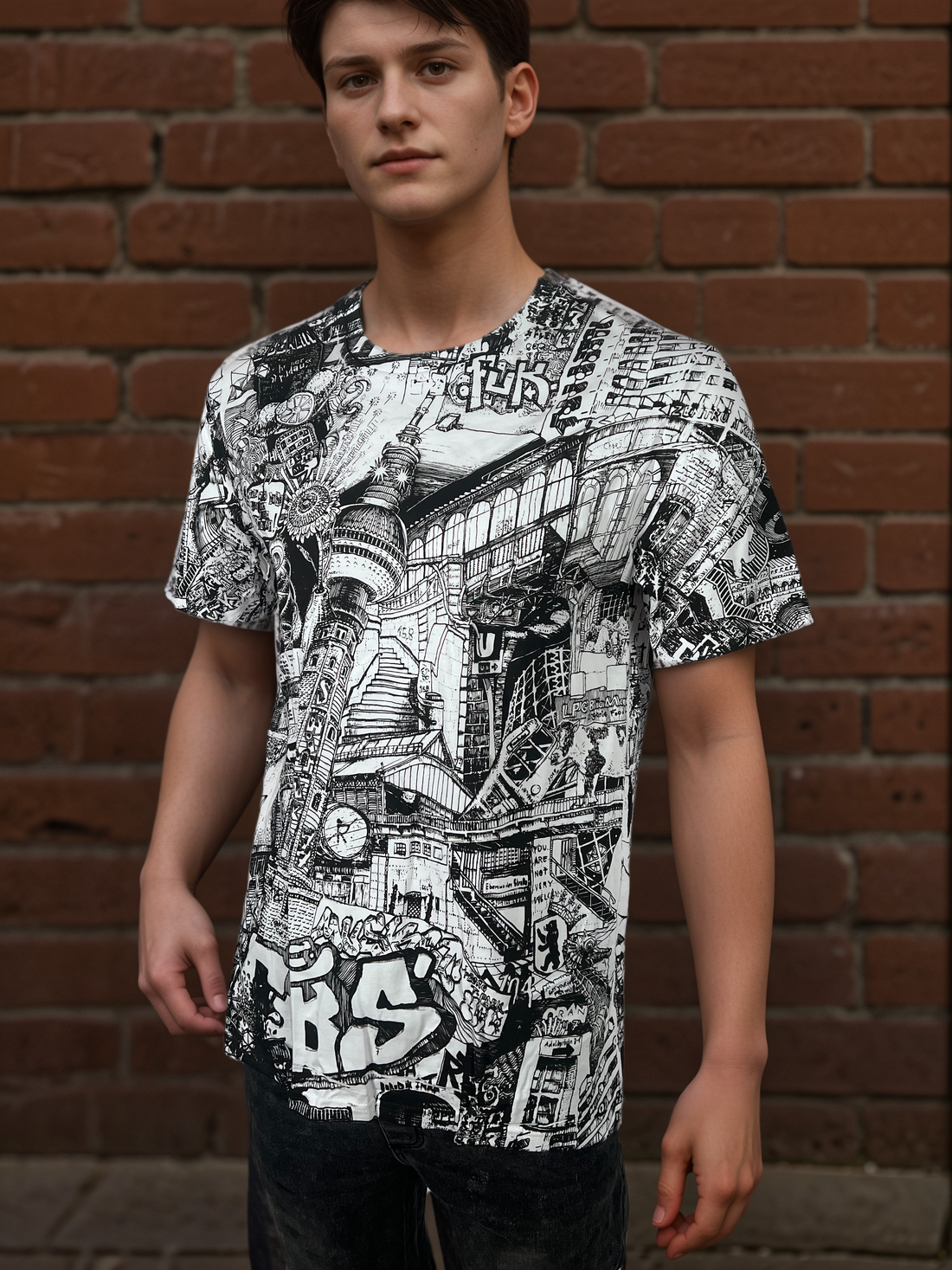 Front view of Berlin Handmade T-Shirt BLACK/WHITE with hand-drawn Berlin artwork print