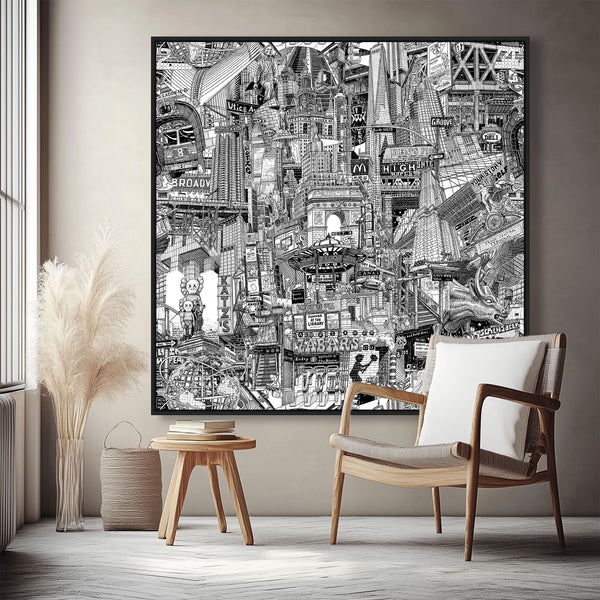 New York City Canvas Print – Hand-Drawn Black & White NYC Wall Art