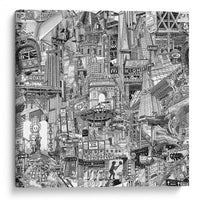 Black and white NYC canvas print showing a hand-drawn New York City collage with Washington Square, Times Square, Chinatown, subway signs and urban architecture.