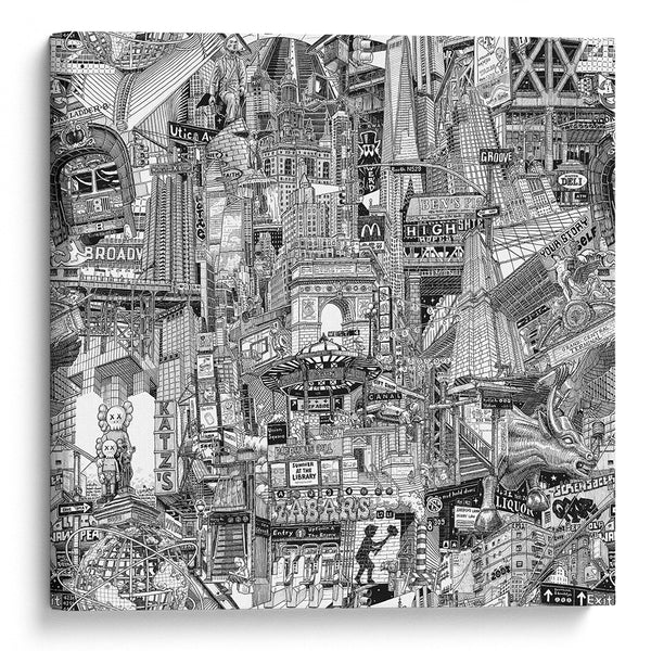 Black and white NYC canvas print showing a hand-drawn New York City collage with Washington Square, Times Square, Chinatown, subway signs and urban architecture.