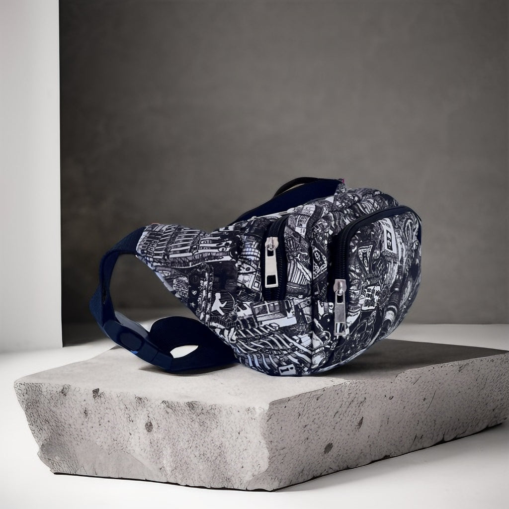 Angled Berlin print bumbag showing black strap, buckle and zipper compartments