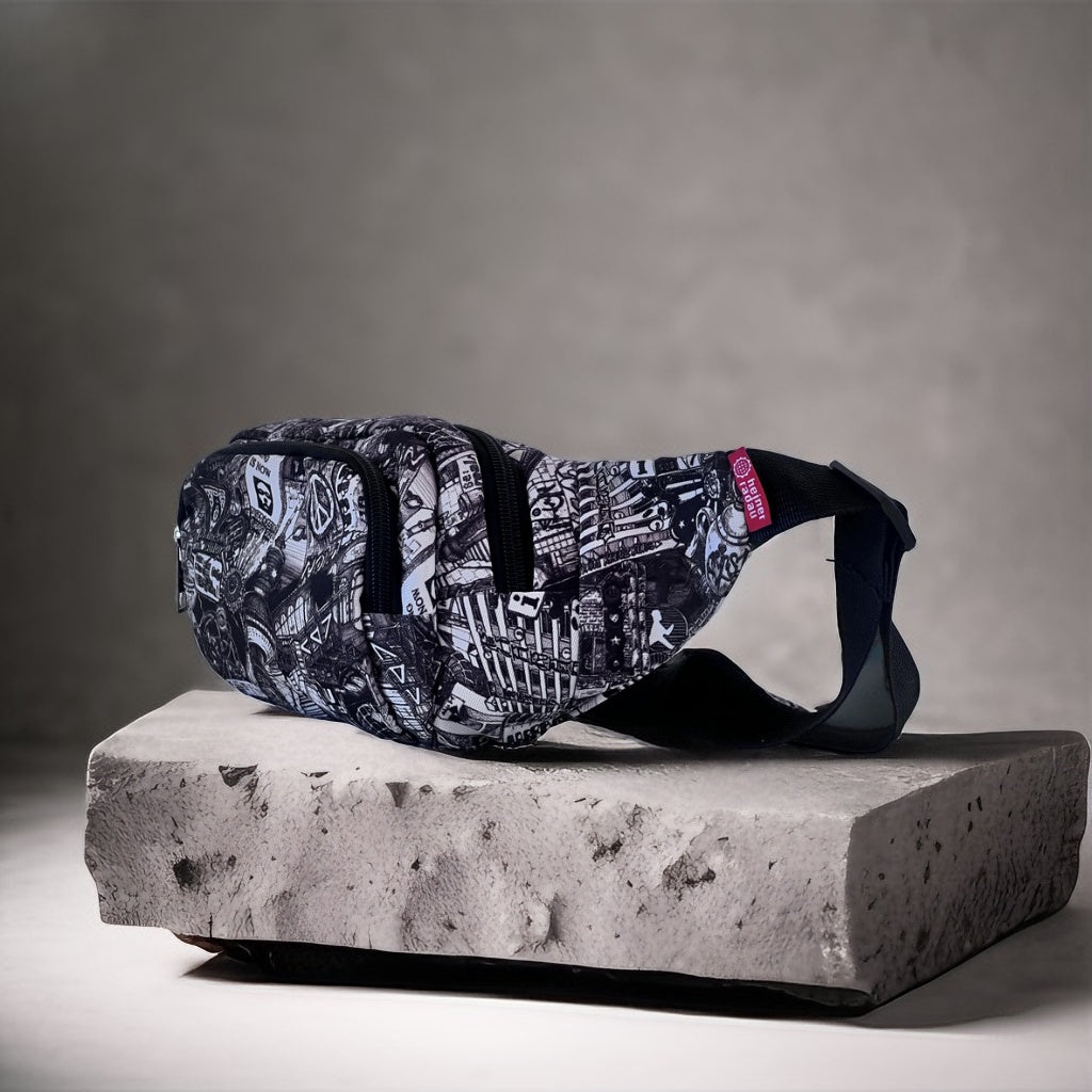 Side view of Berlin print bumbag on stone block with black strap and small pink label