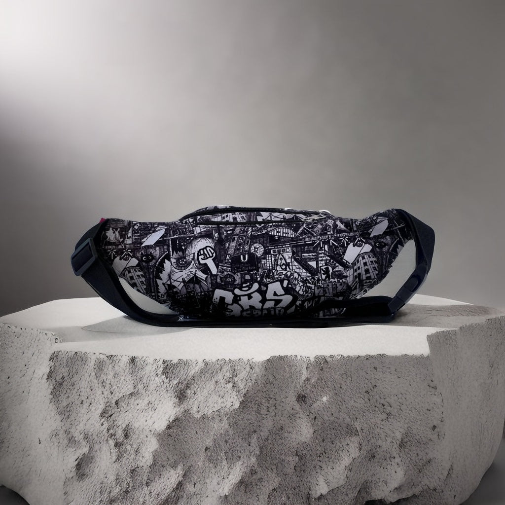 Back view of black and white Berlin print bumbag with adjustable black strap