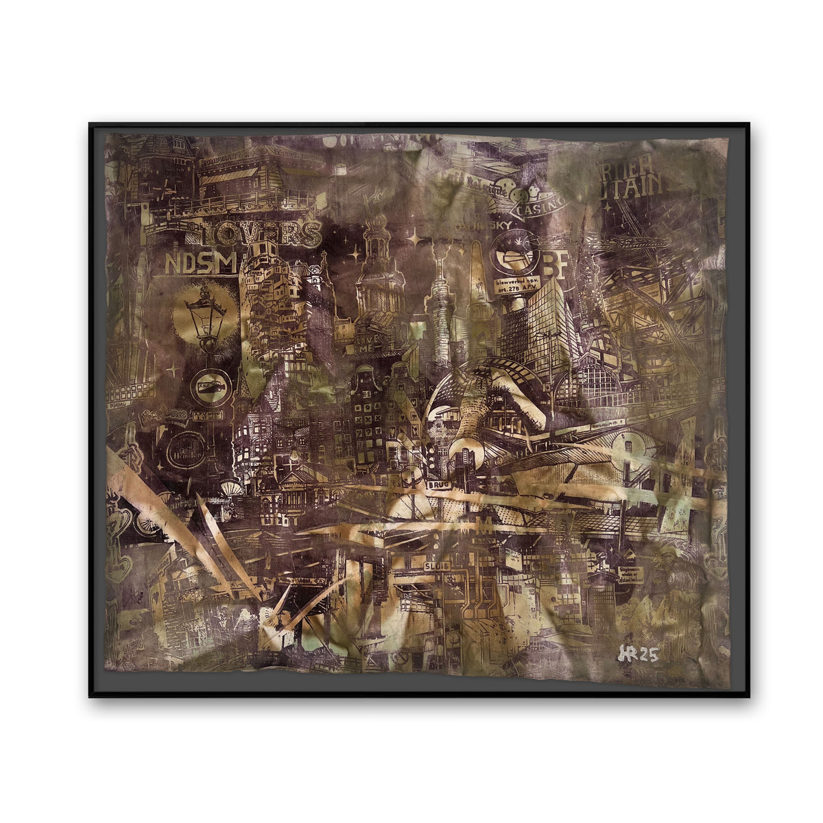 Amsterdam Unique Experimental Screenprint in Camo, framed and ready to hang, a hand-pulled silkscreen artwork with layered green and olive city textures.