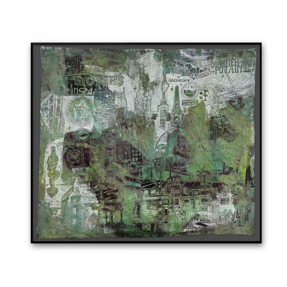 Amsterdam Unique Experimental Screenprint in Green, framed and ready to hang, a hand-pulled silkscreen artwork with vibrant botanical and city textures.