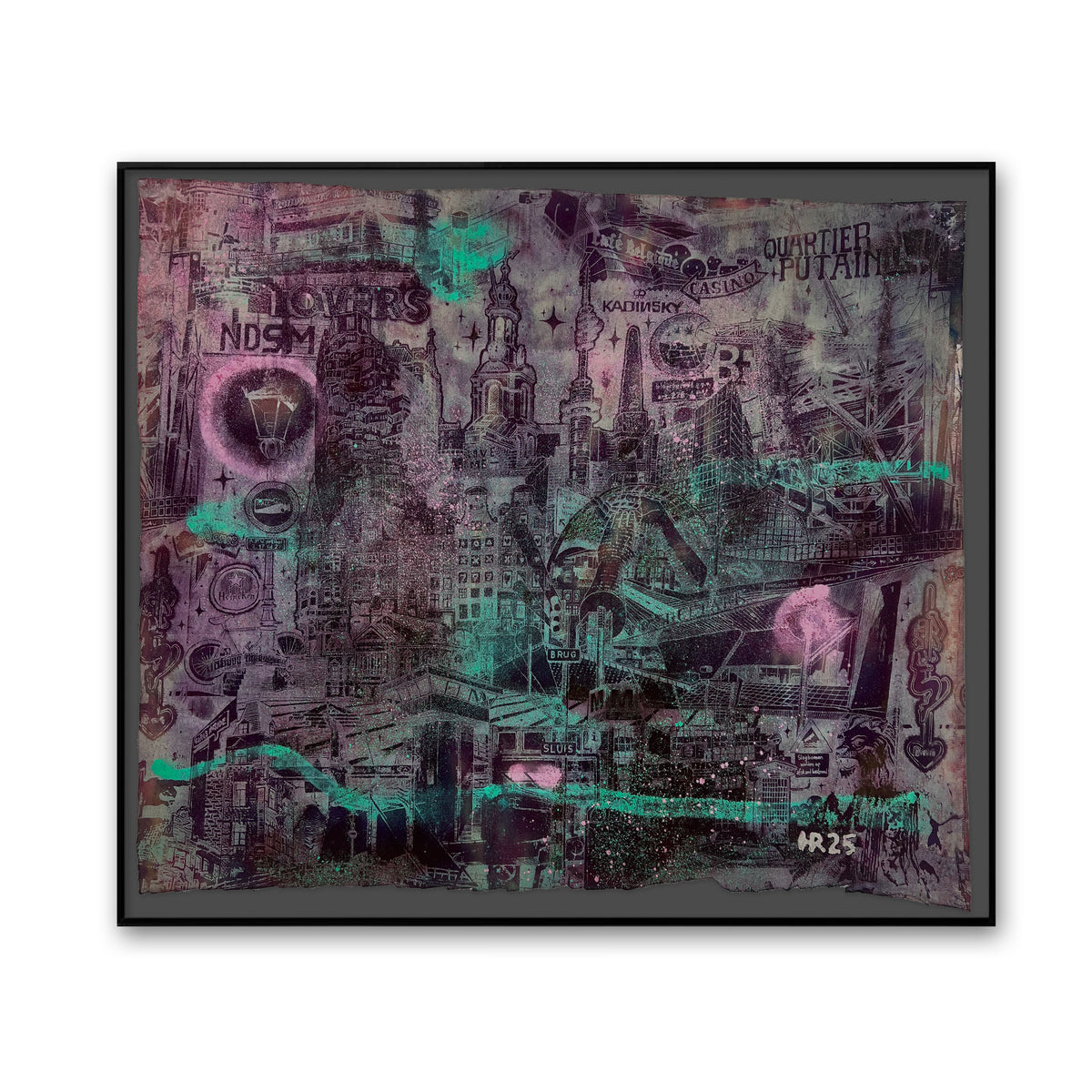 Amsterdam Unique Experimental Screenprint in Purple, framed and ready to hang, a hand-pulled silkscreen artwork with bold graphic city motifs.