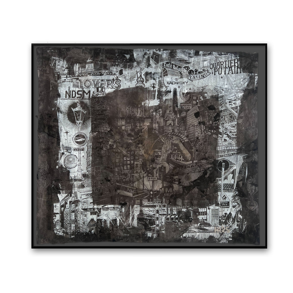 Amsterdam Unique Experimental Screenprint in Square format, framed and ready to hang, a hand-pulled silkscreen with geometric Amsterdam city motifs.