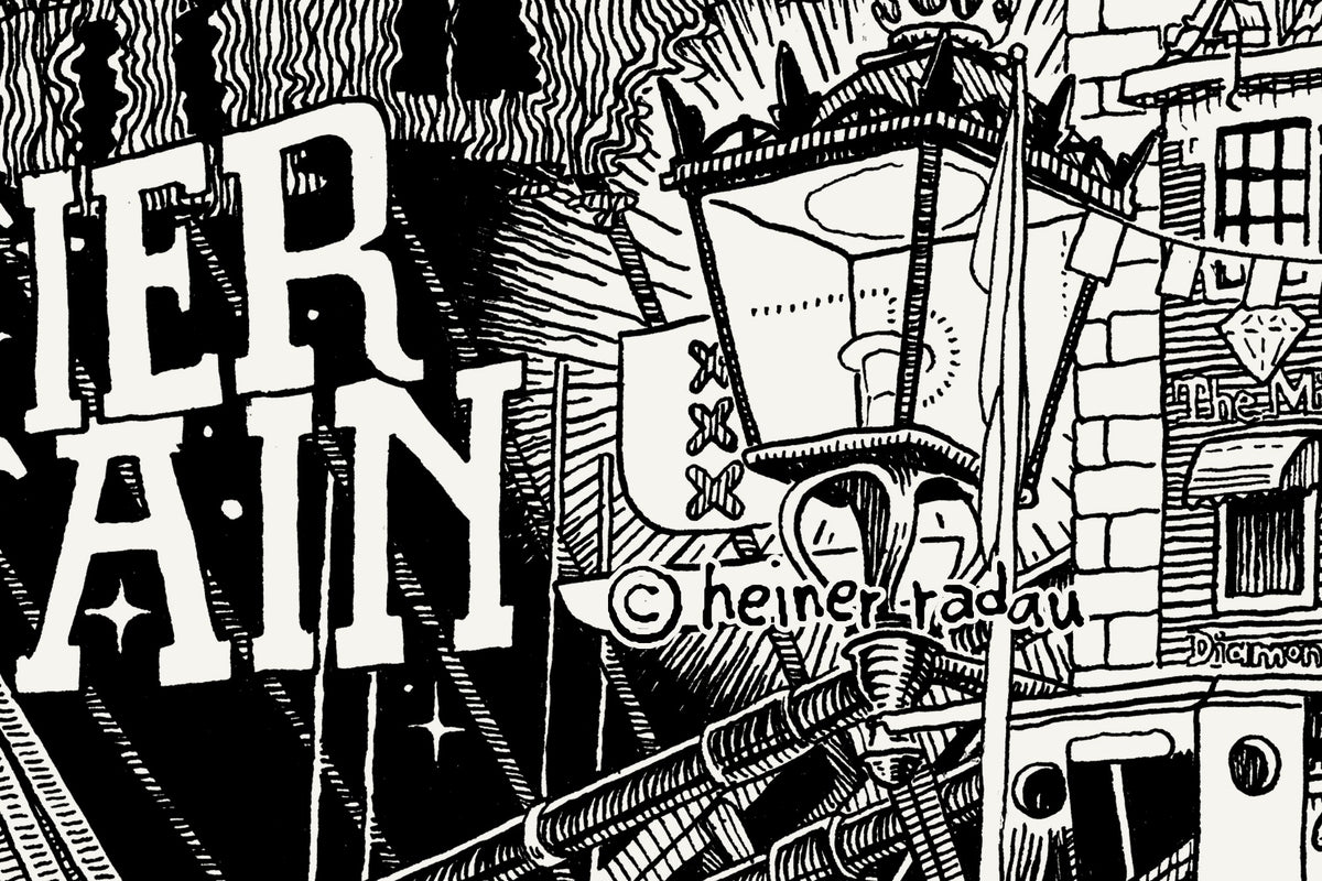 Close-up of the Amsterdam ink drawing with the hand-written © heiner radau signature in the lower right corner