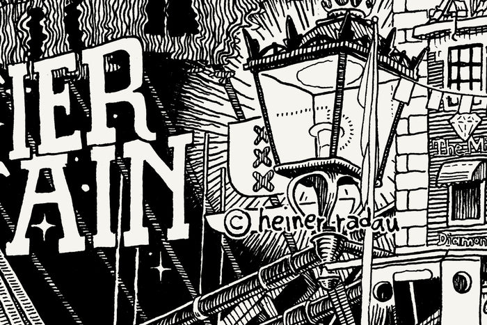 Close-up of the Amsterdam ink drawing with the hand-written © heiner radau signature in the lower right corner