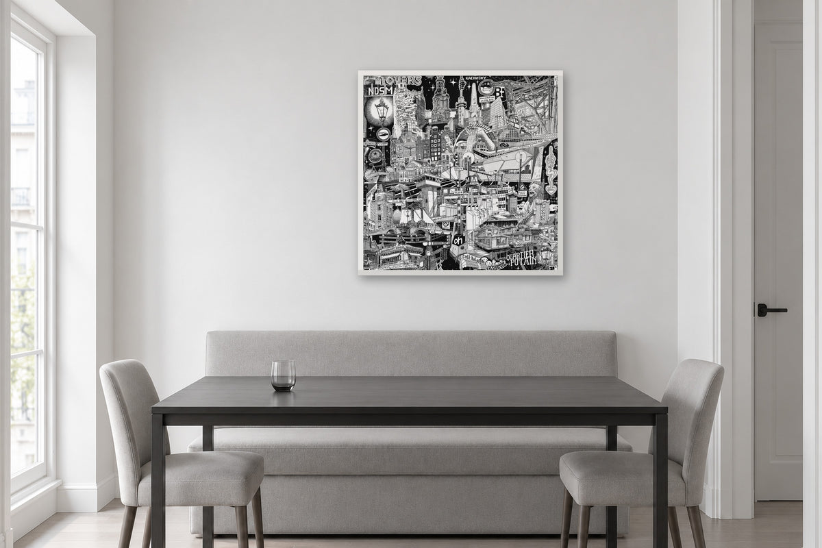 Amsterdam fine art poster 70 × 70 cm in a white wood frame above a dining table – hand-drawn black and white Amsterdam wall art