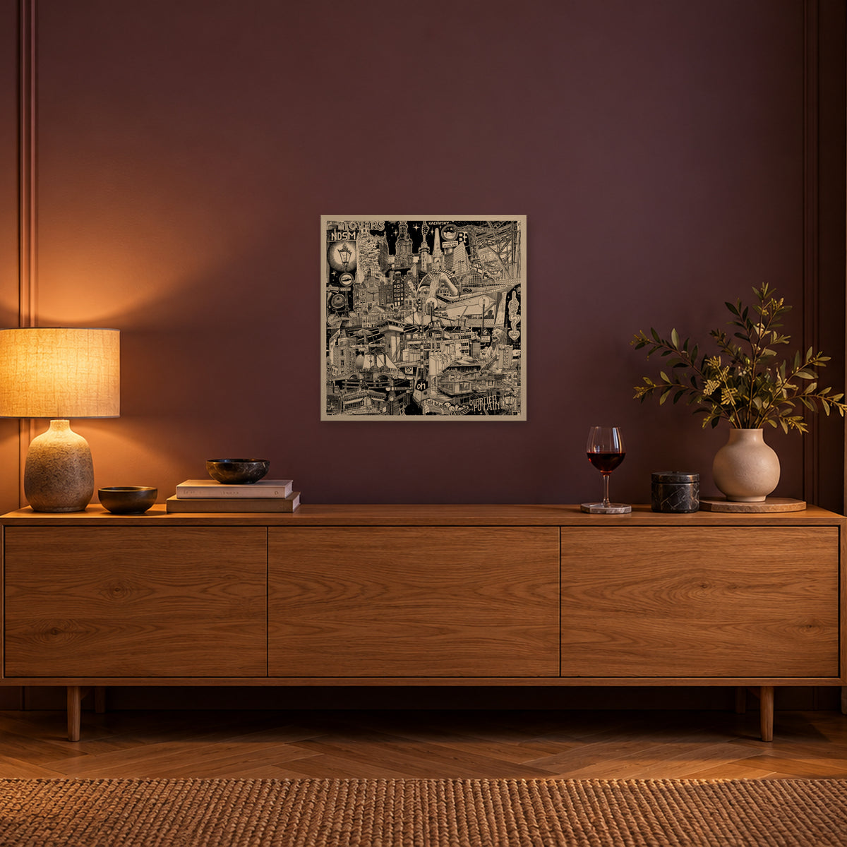 Amsterdam fine art poster 50 × 50 cm in a white wood frame above an oak sideboard in warm evening light