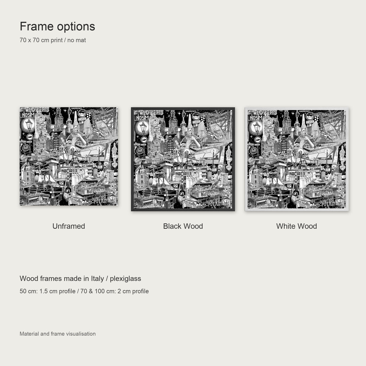 Frame options for the Amsterdam fine art poster: unframed, black wood or white wood frame with plexiglass