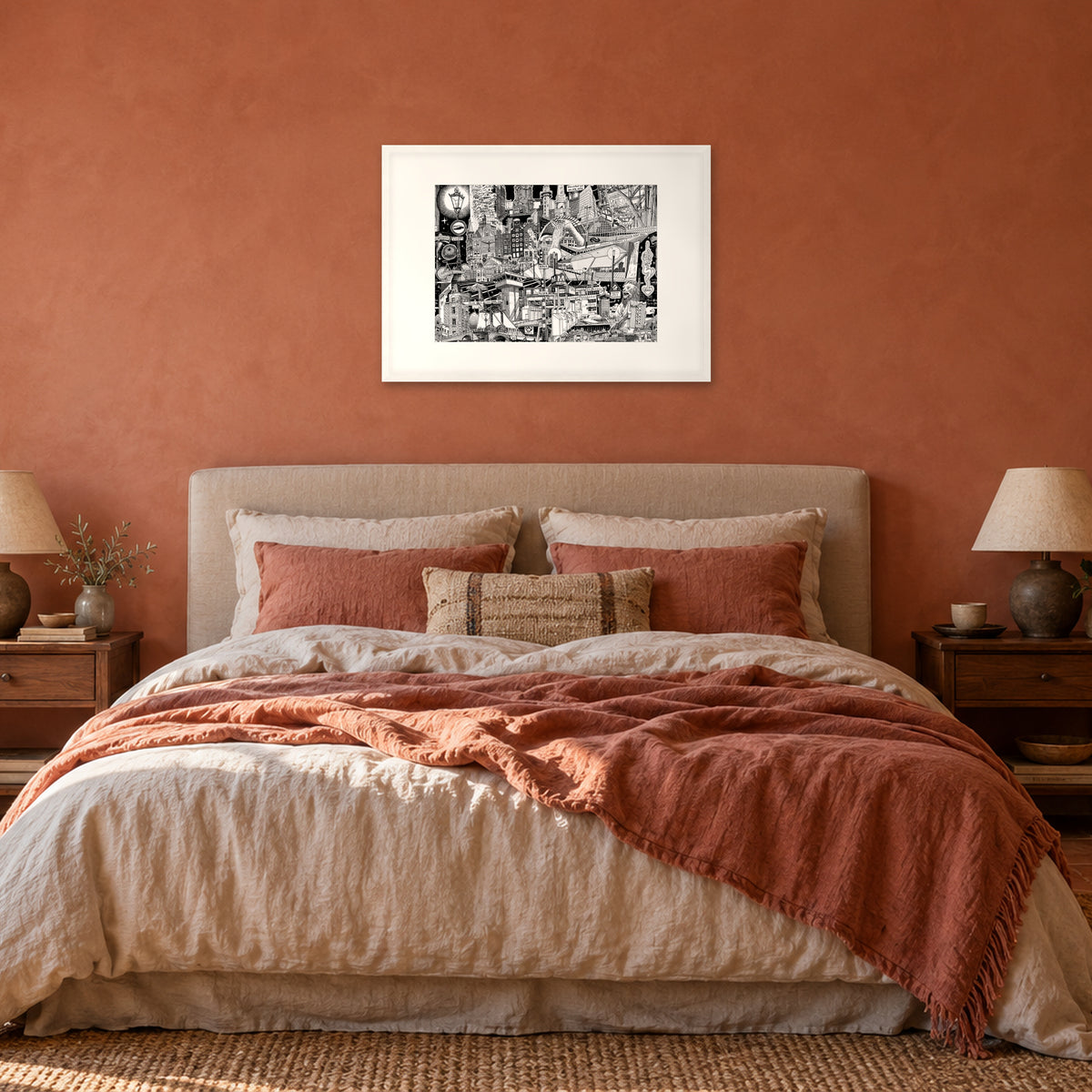 Amsterdam fine art poster A1 landscape in a white wood frame with white passepartout above the headboard in a terracotta bedroom